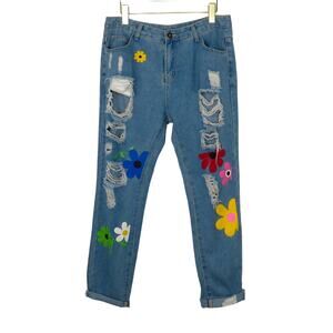 Misook Painted Flower Graphic High Rise Straight Leg Ripped Jeans Large 32"